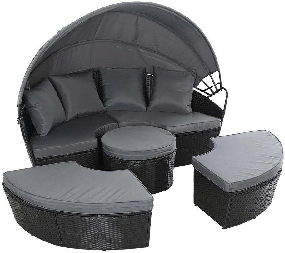 5 Piece Outdoor Rattan Day Bed Set with Retractable Canopy & Cushions