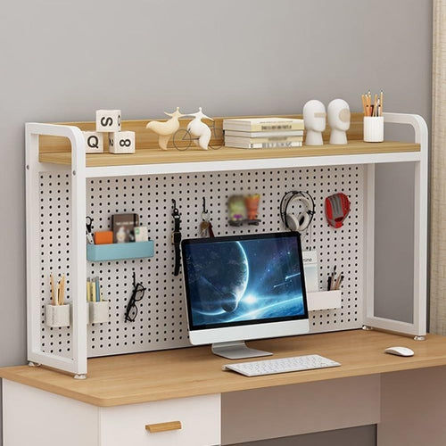 Metal Desktop Bookshelf Hutch w/ Grid Board | White Desk Storage Rack 76cm