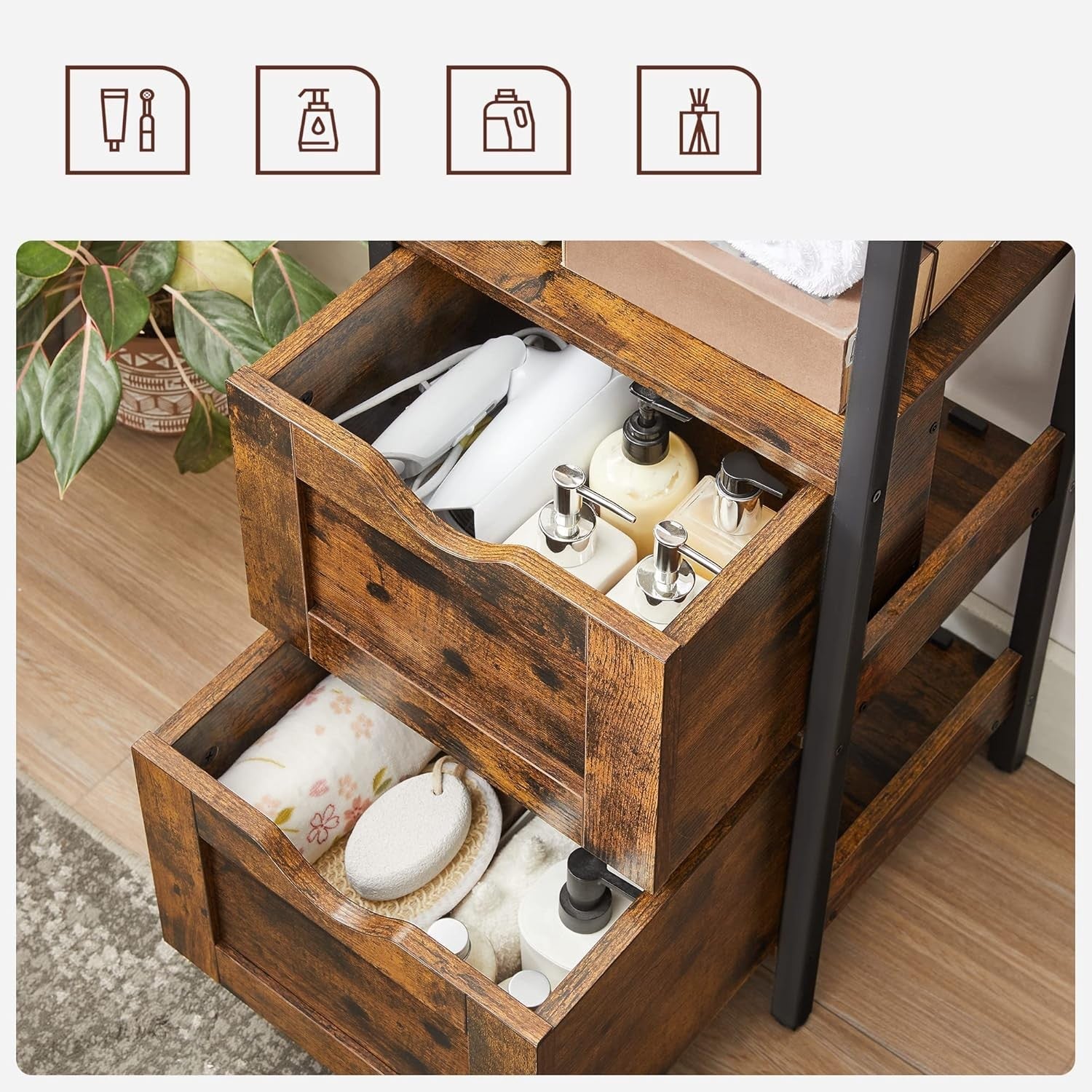 Rustic Brown Bathroom Cabinet – 2 Drawers + Open Shelf Industrial Storage Unit