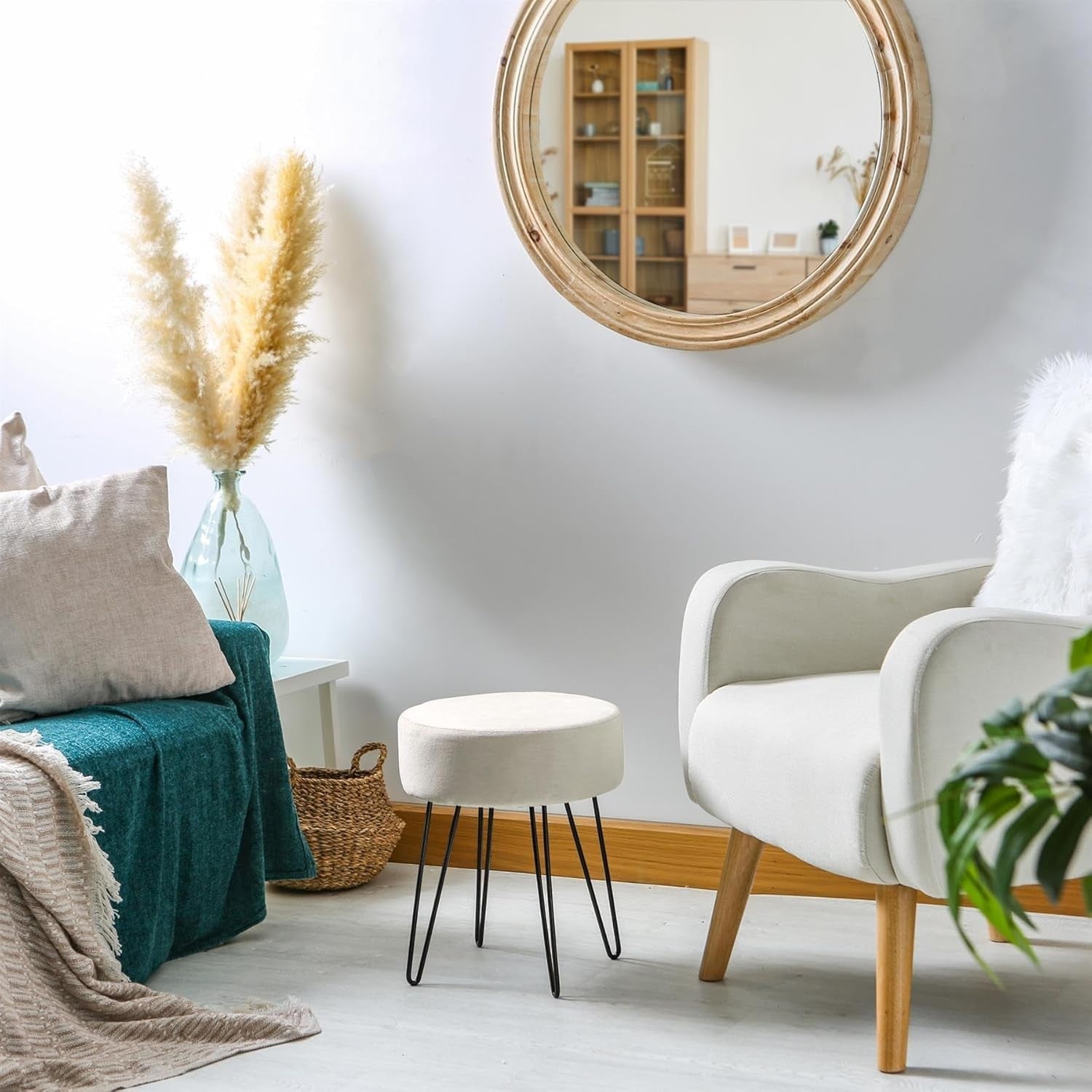 Cream Velvet Round Footstool with Black Legs, Modern Pouffe for Bedroom & Vanity