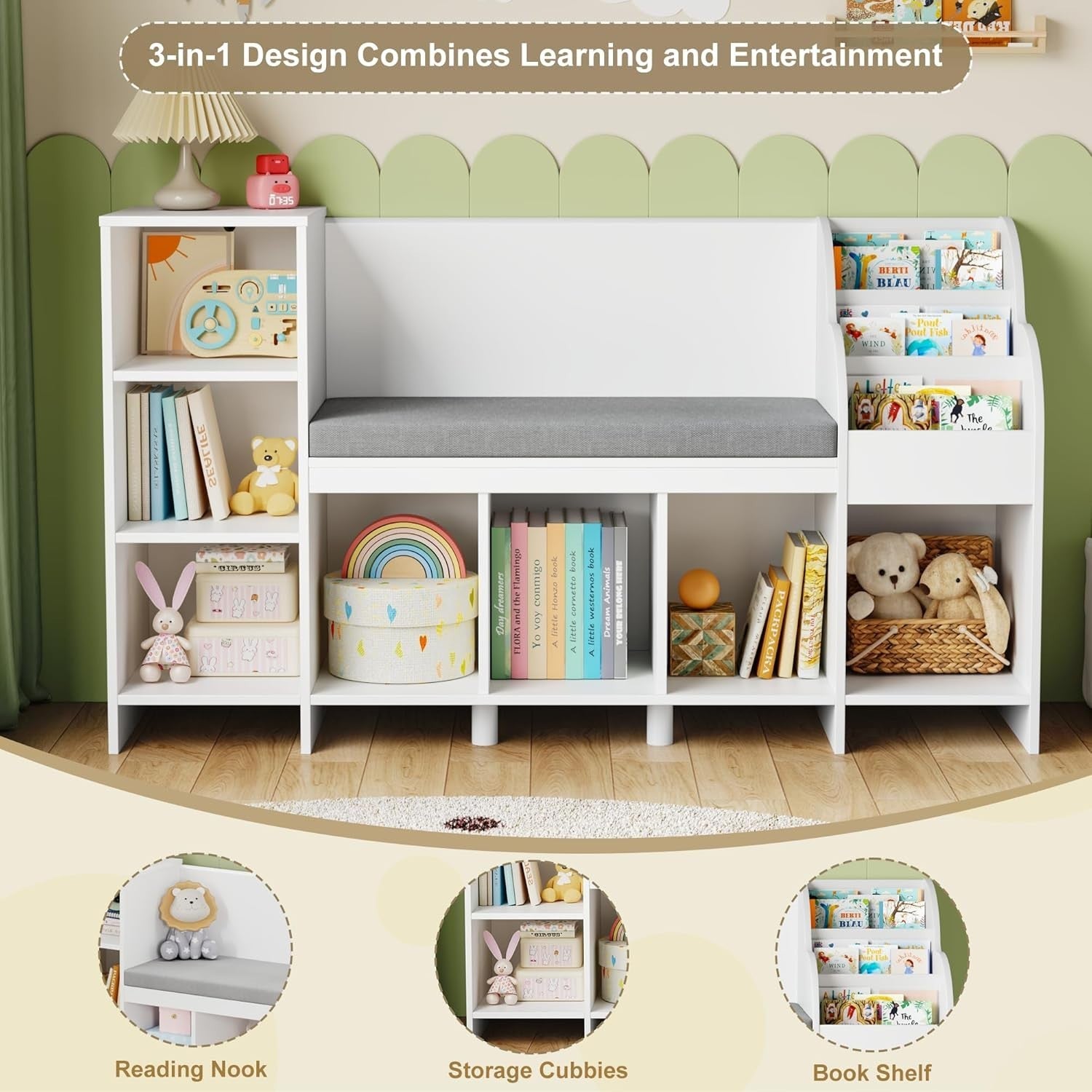 Kids Toy Storage Bookcase with Reading Nook Bench – 7 Cube Shelf 138cm