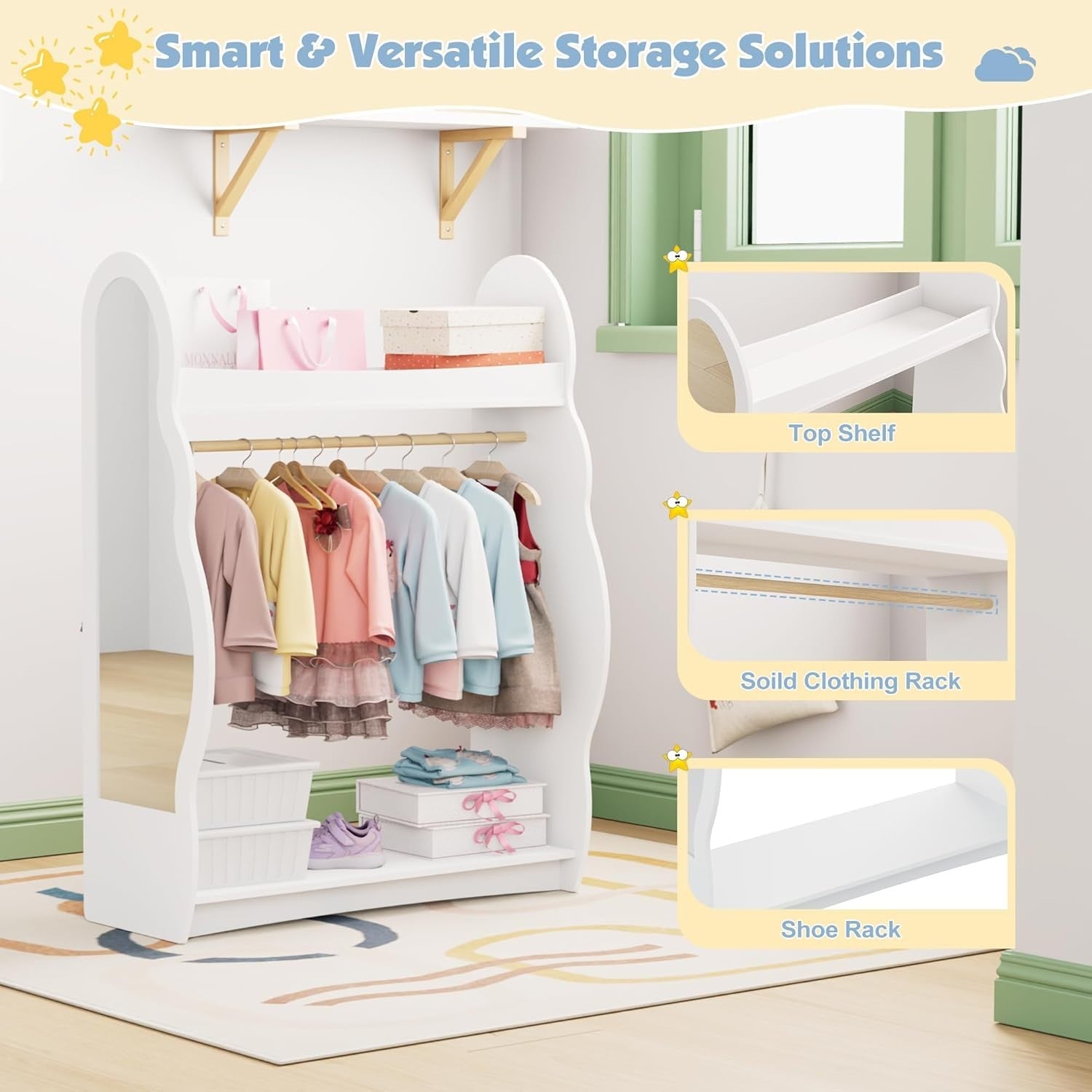 Kids Wardrobe with Mirror & Hanging Rail, No Drawers, White Cloud Design