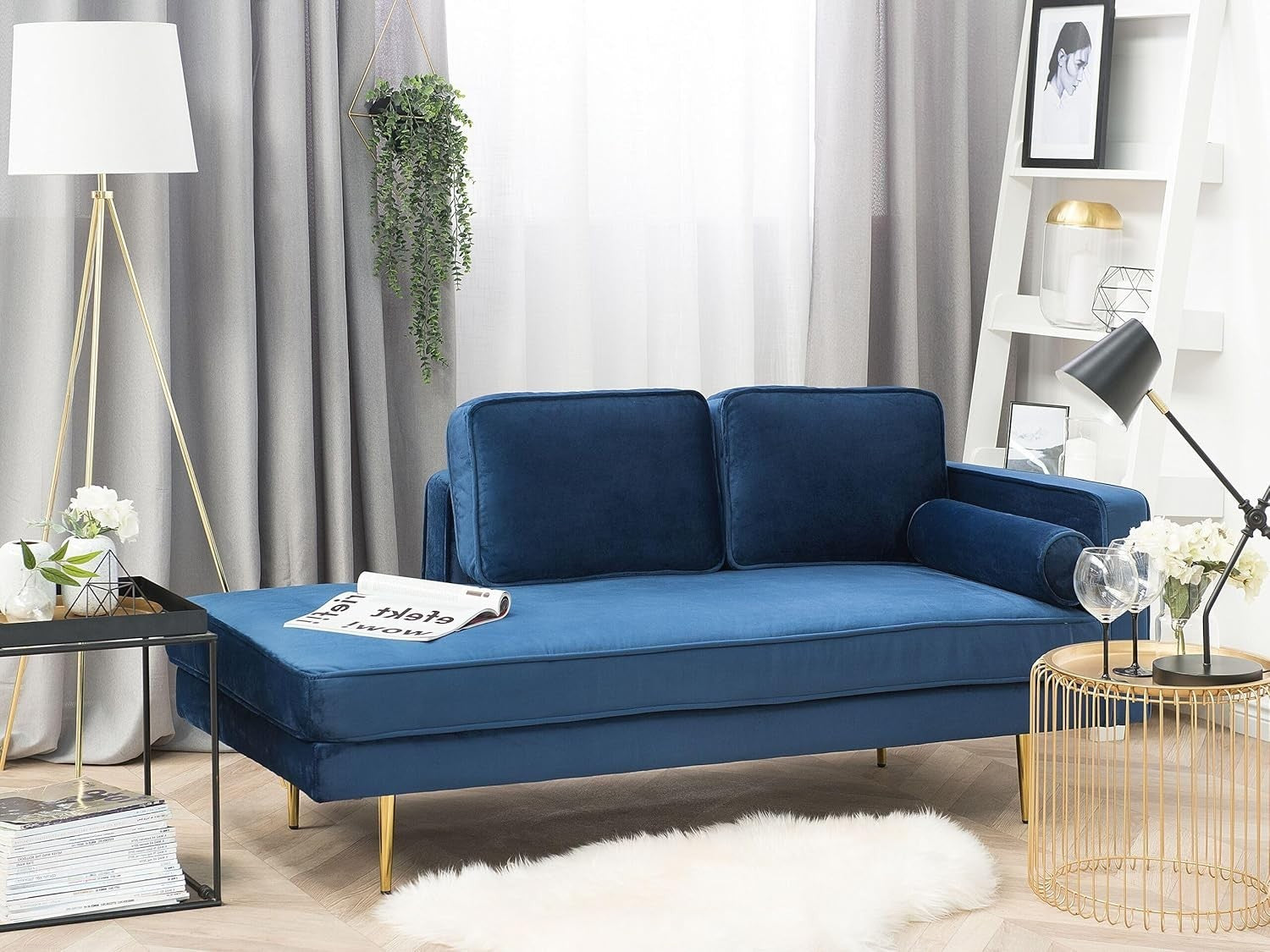 Modern Velvet Chaise Lounge Navy Blue Gold Legs Luxury Recliner Sofa 173cm