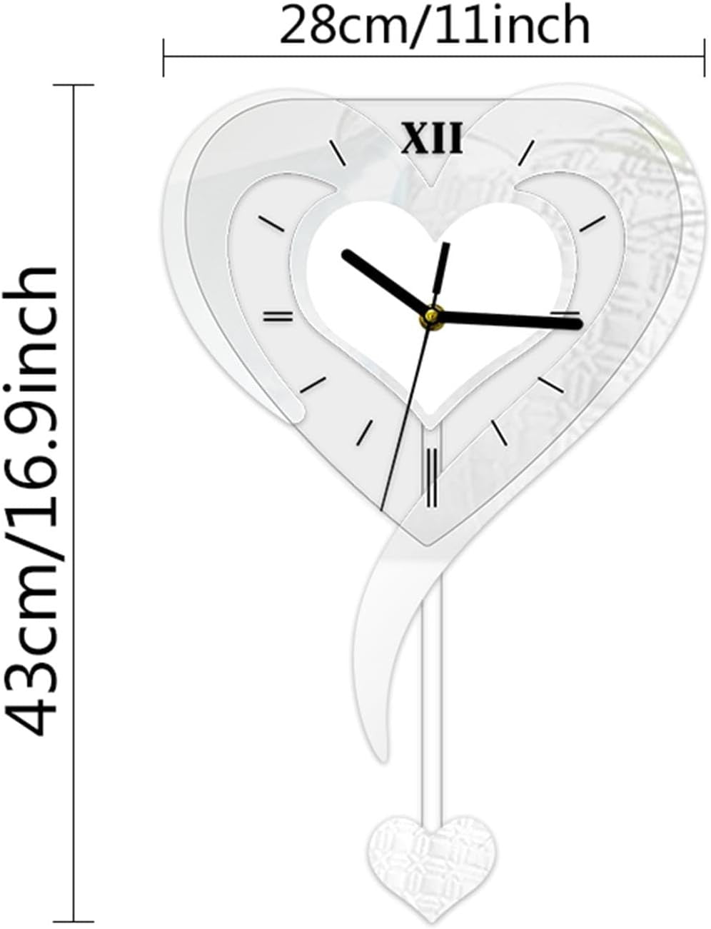 Silver Heart Wall Clock Modern Silent Acrylic Hanging Decor for Bedroom Office