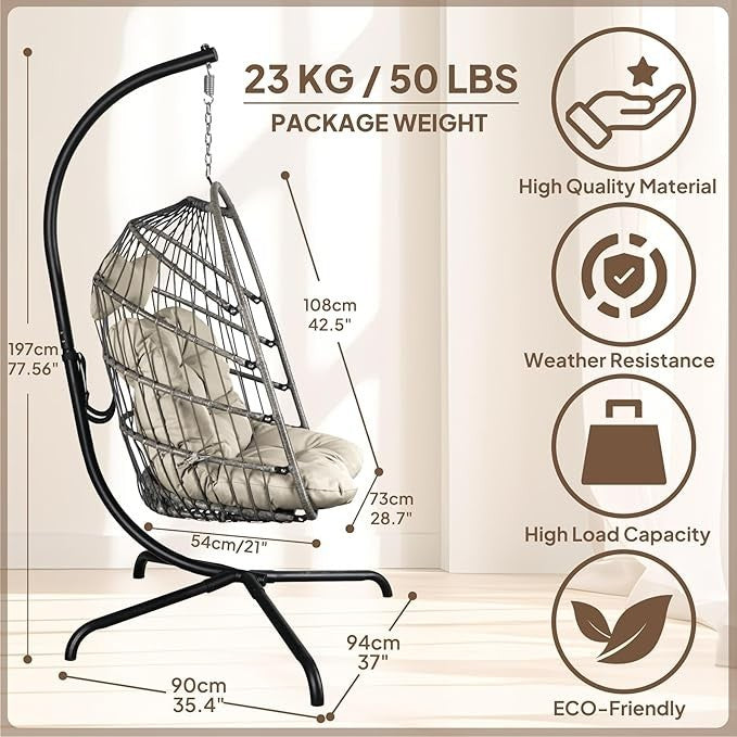 Foldable Hanging Egg Chair with Stand – 330lbs Capacity, Indoor Outdoor Use