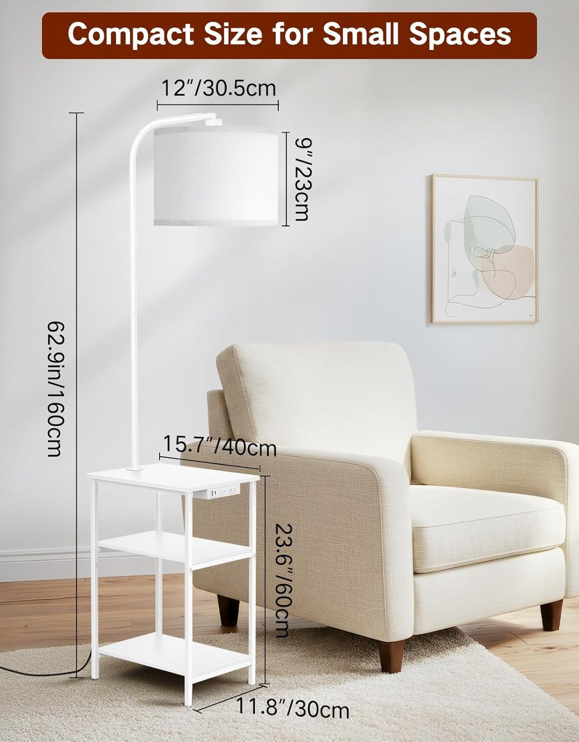 Floor Lamp with Table Remote Charging Station Dimmable LED Nightstand White