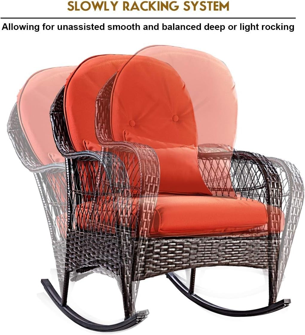 Outdoor Rattan Rocking Chair with Cushions & Lumbar Support, Red