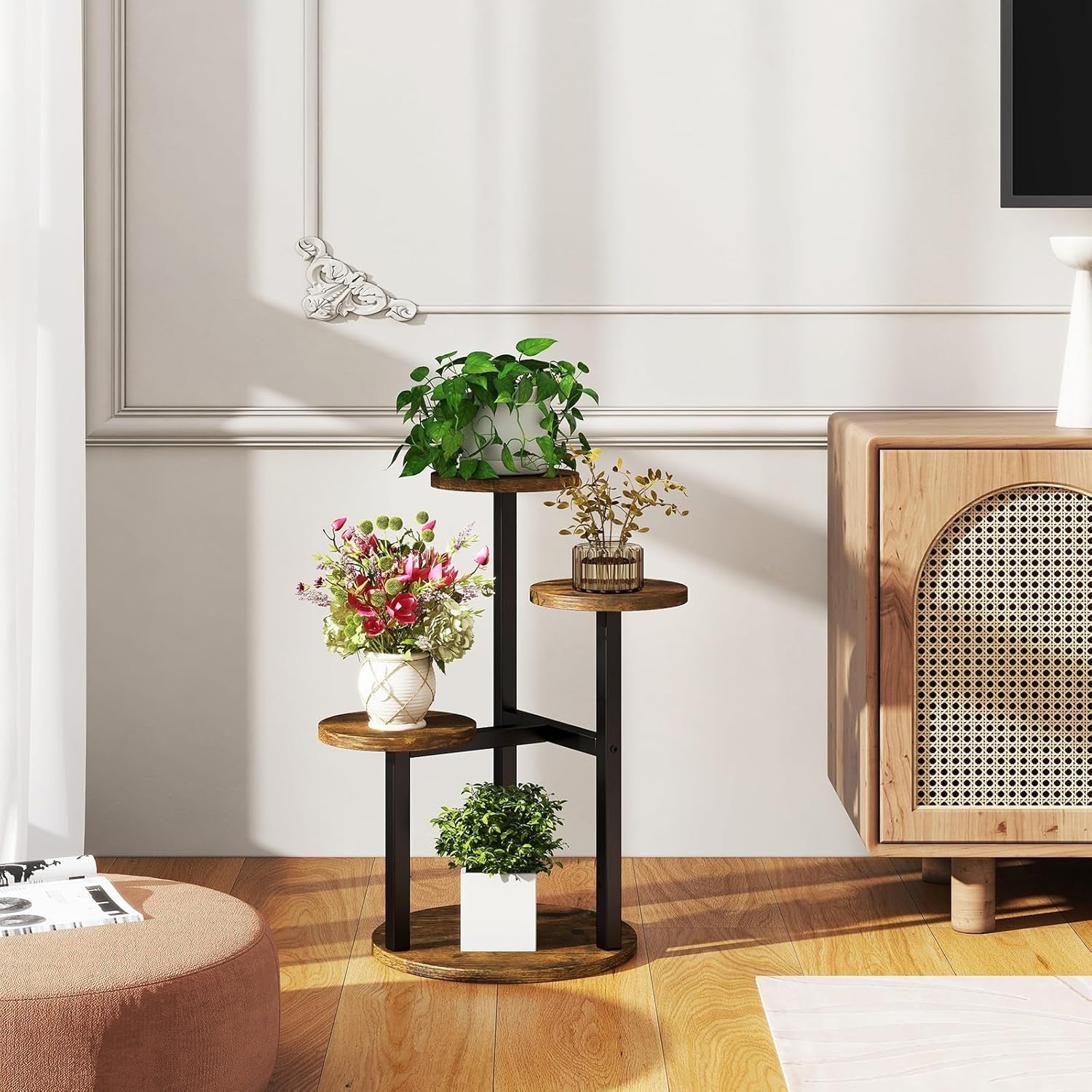 4 Tier Metal Wood Plant Stand Indoor | Rustic Brown Corner Flower Pot Shelf Rack