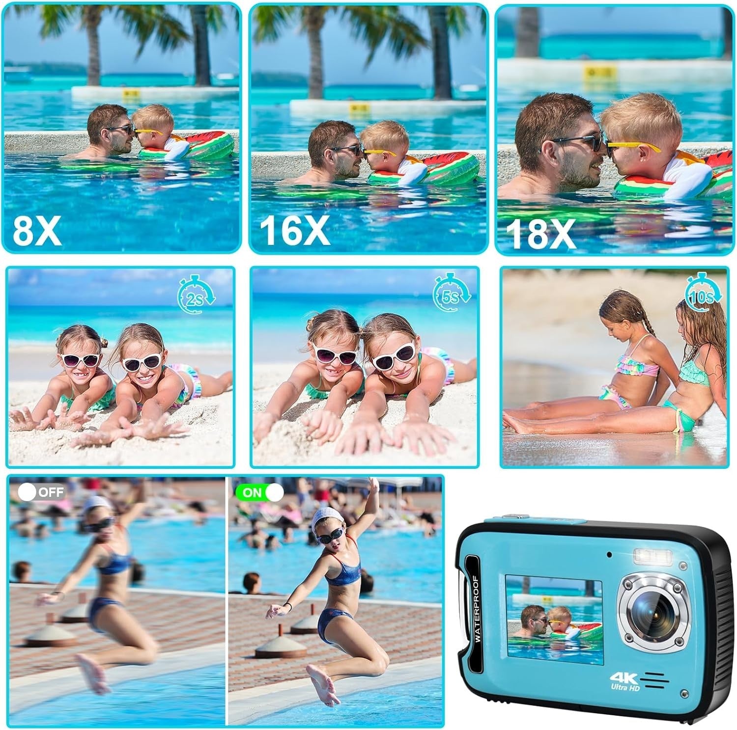 4K Waterproof Camera 48MP Dual Screen Snorkeling Camera 32GB