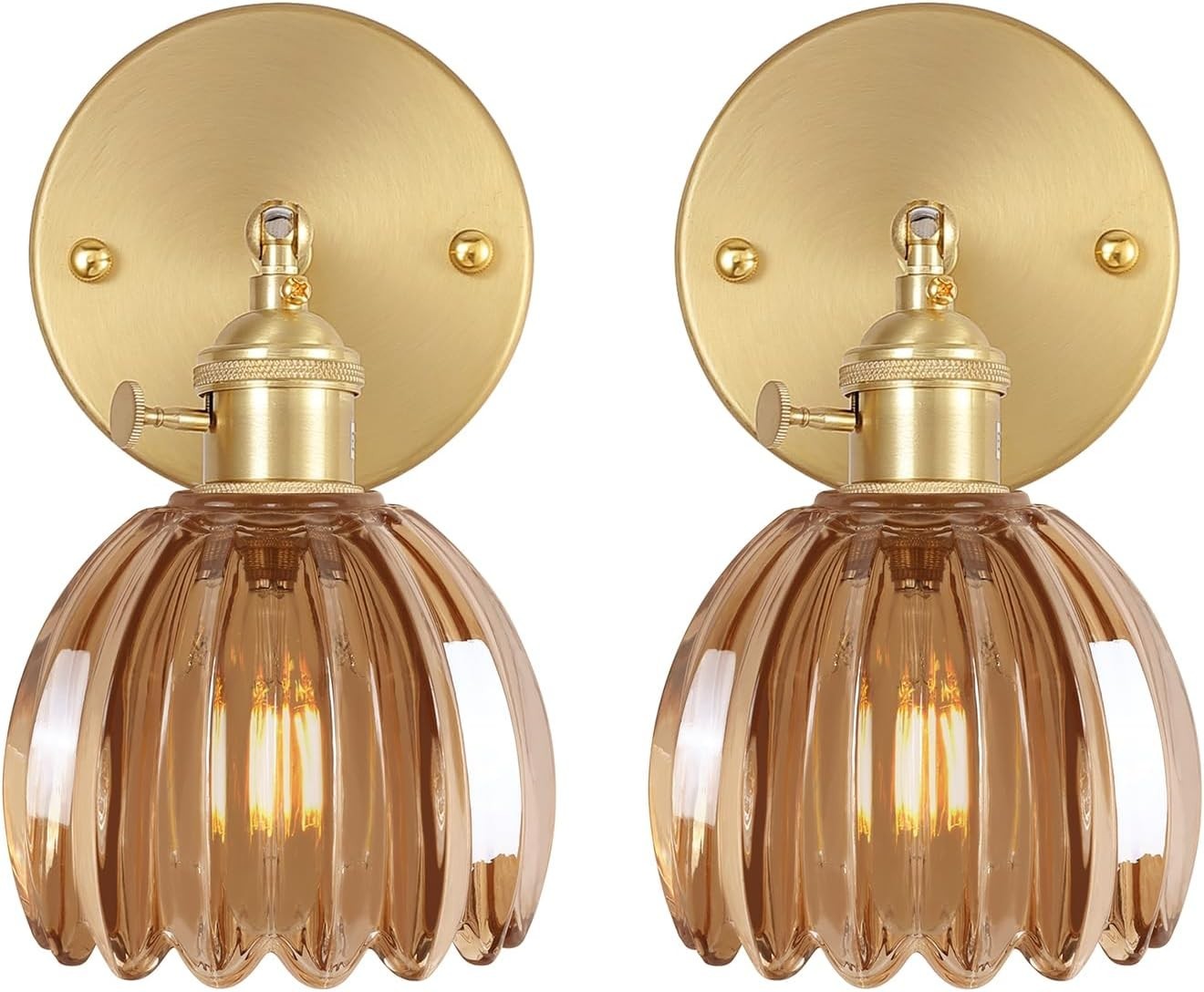 Vintage Brass Wall Sconces Set of 2, 180° Adjustable, Amber Glass Shades