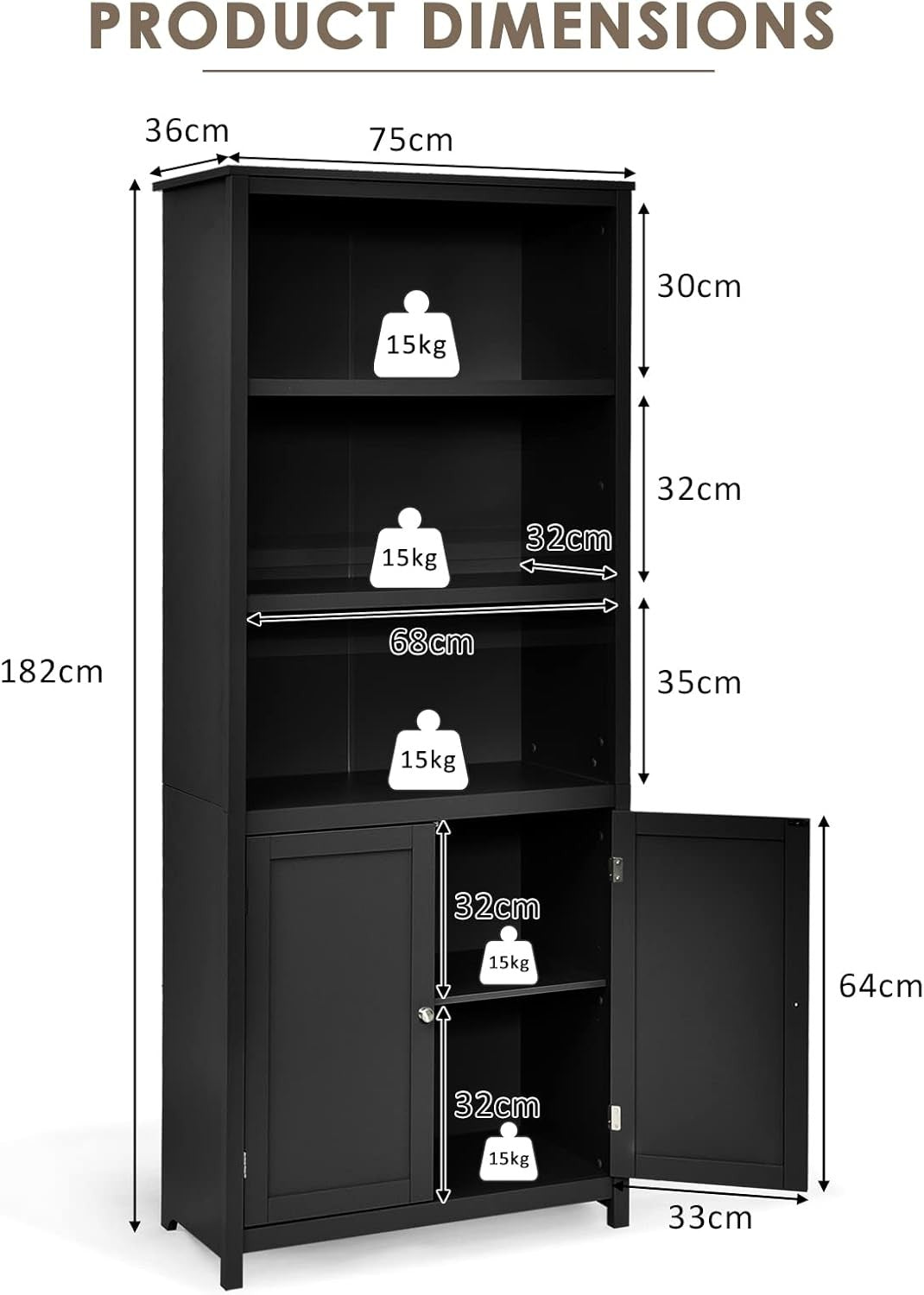 Tall Black 5-Tier Storage Cabinet with Doors, Adjustable Shelves, Freestanding