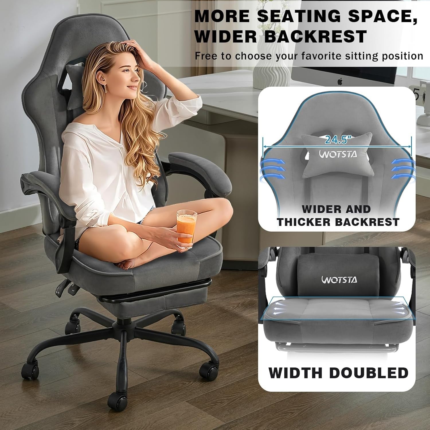 Ergonomic Suede Gaming Chair with Footrest & Lumbar Support, 330LB Capacity
