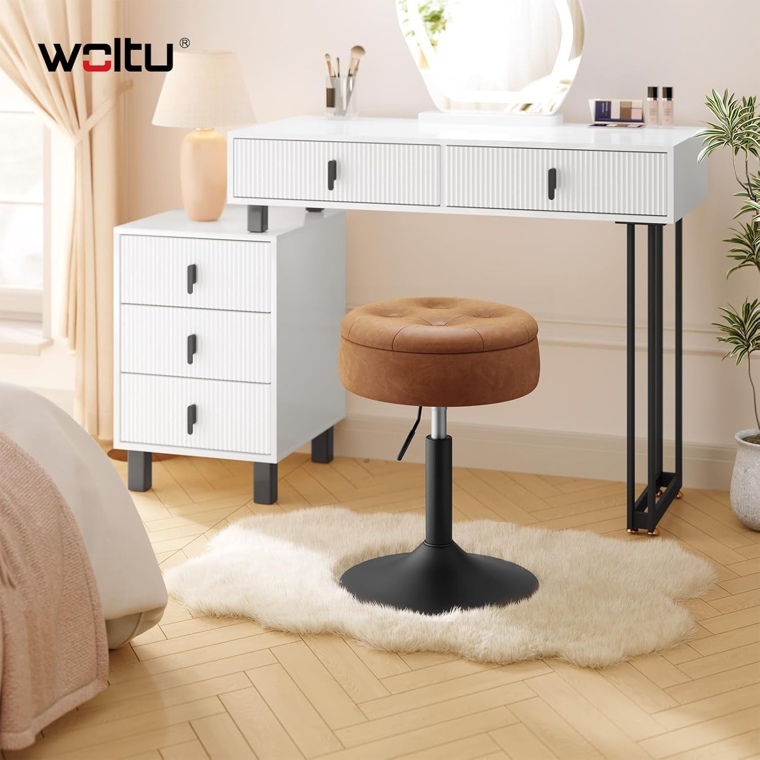 Brown Swivel Vanity Stool with Storage Vintage Faux Leather Adjustable Seat