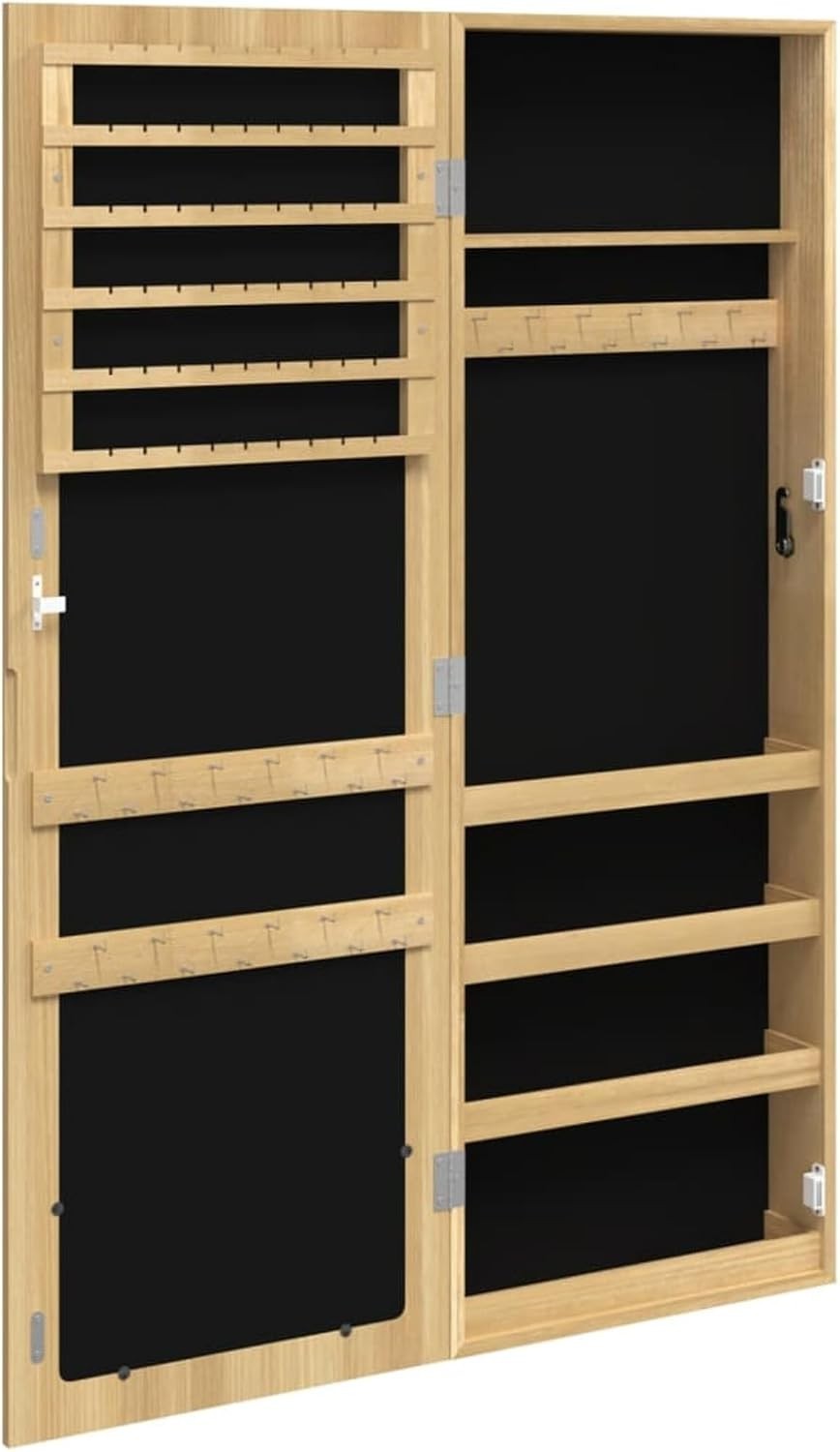 Brown Wall Mounted Mirror Jewelry Cabinet Lockable Slim Storage Organizer
