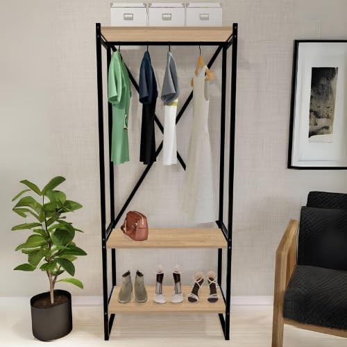 3-Tier Wooden Coat Rack & Shoe Storage Stand with Metal Frame – Sapphire Oak