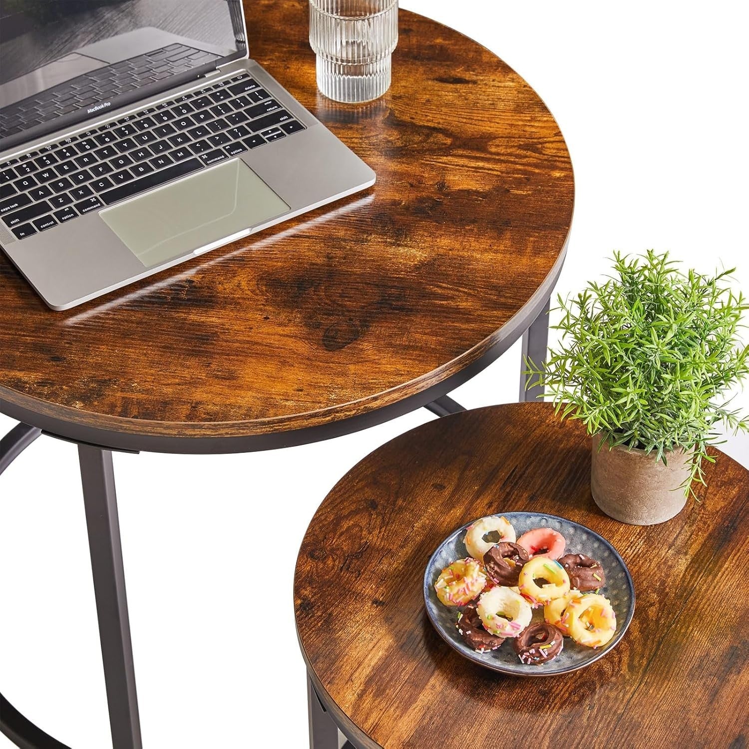 Round Nesting Coffee Tables Set of 2 | Rustic Wood & Metal Side Table for Living