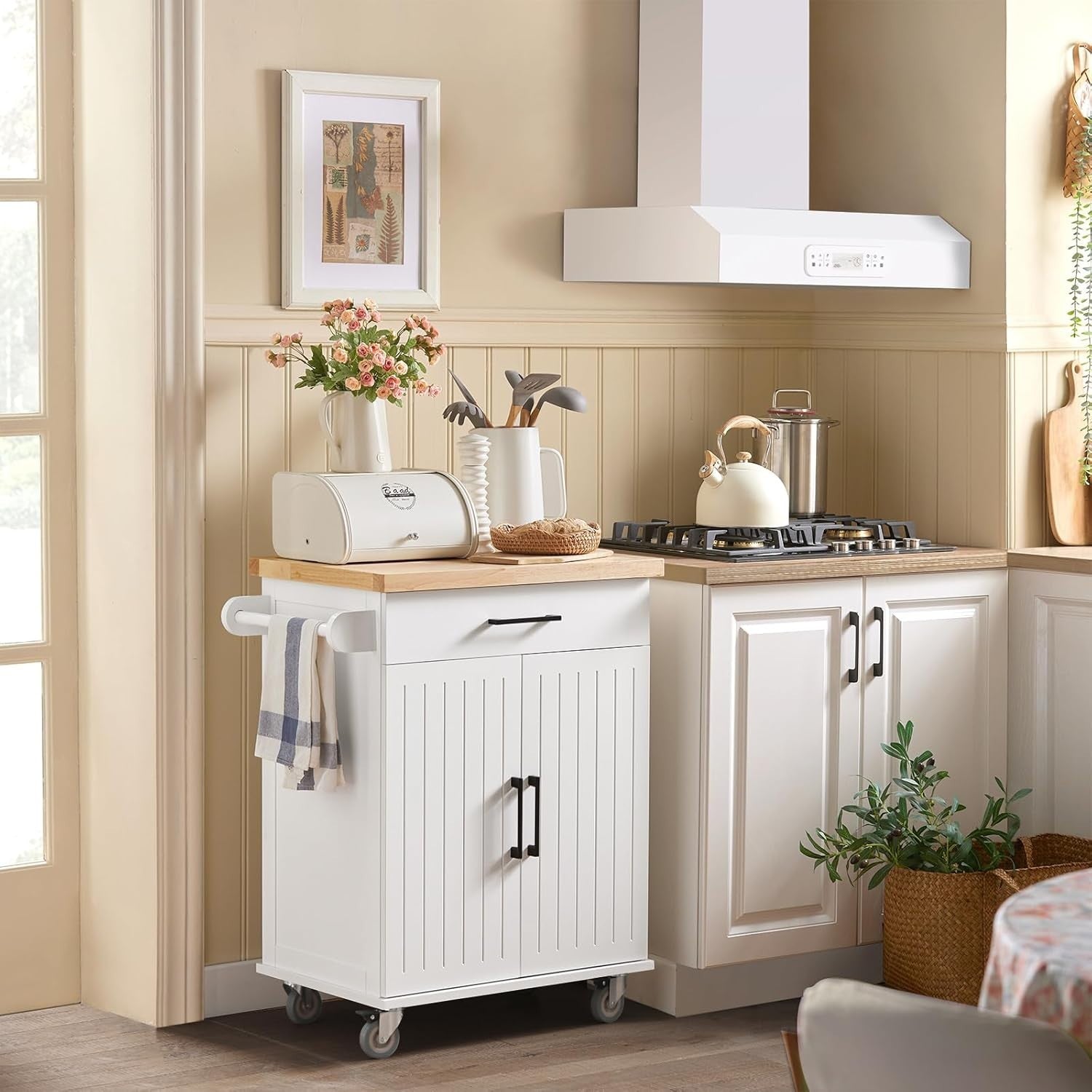 Rolling Kitchen Trolley Cart with Rubberwood Worktop, Drawer & Cabinet Storage