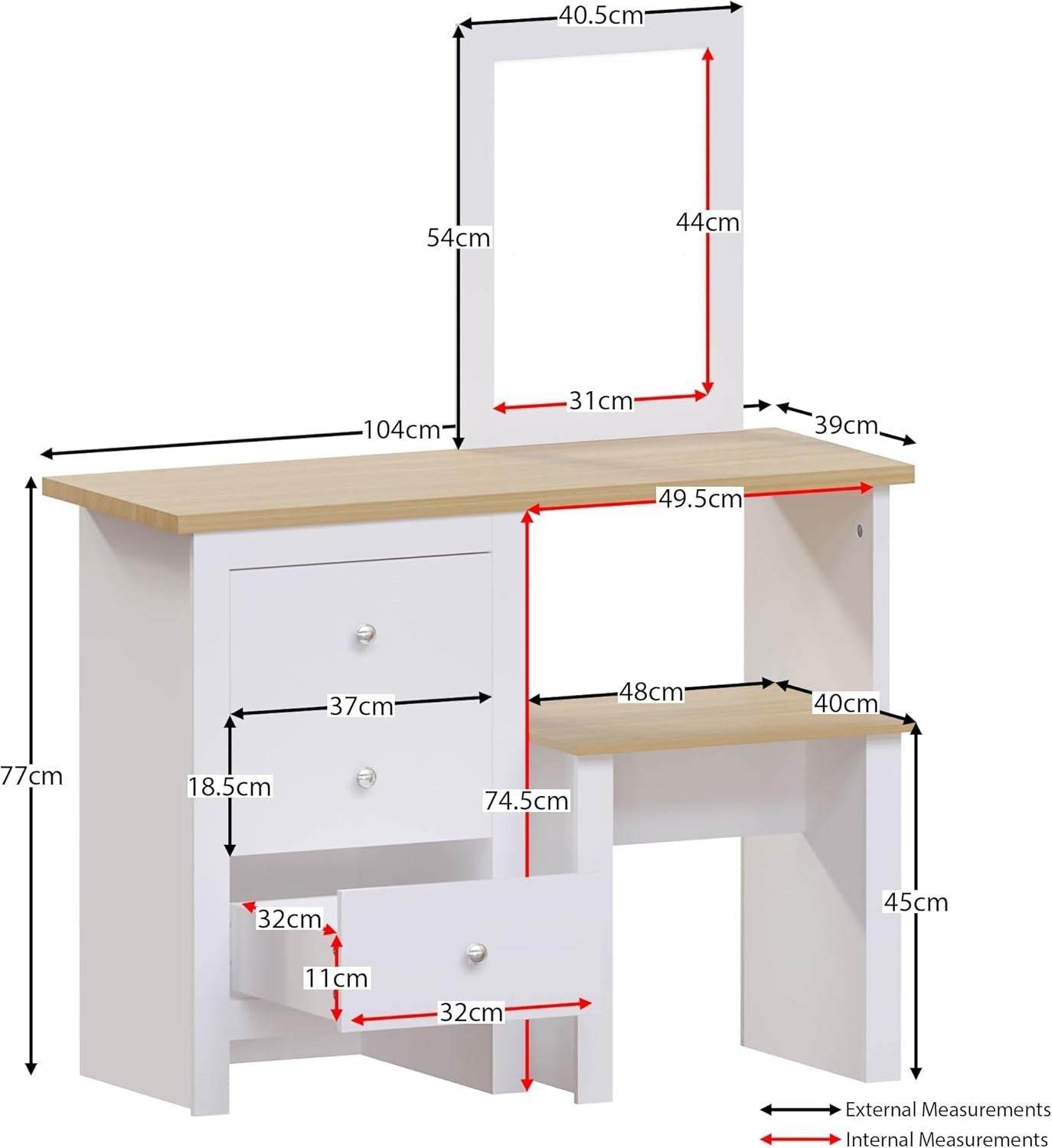 Modern Chest of 3 Drawers Storage Cabinet White & Oak Bedroom Furniture