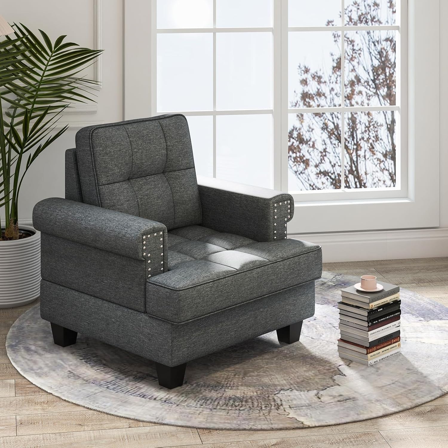 Grey Tufted Armchair Sofa Comfy Lounge Chair Wide Seat Reading Room