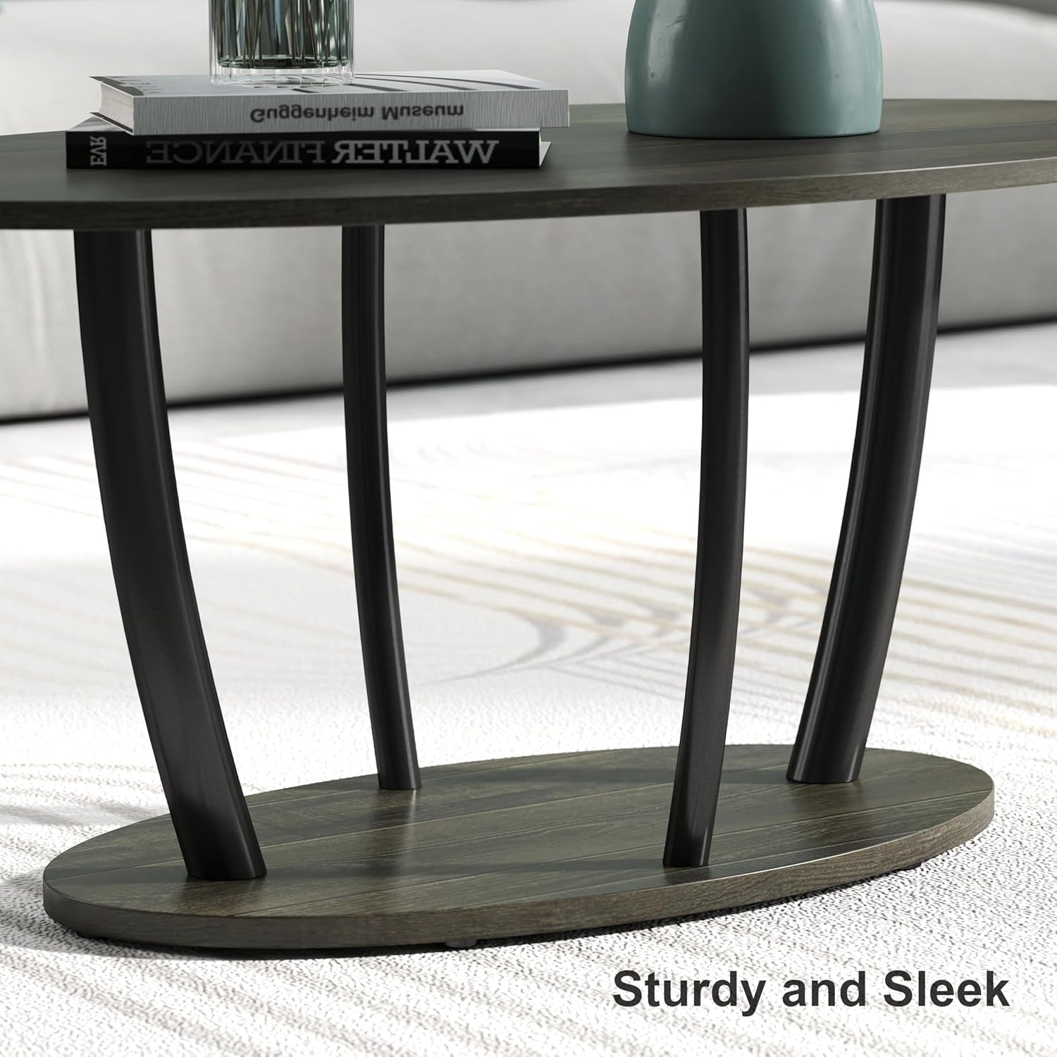 Oval 2-Tier Coffee Table with Storage Shelf, Modern Small Table 100x55cm
