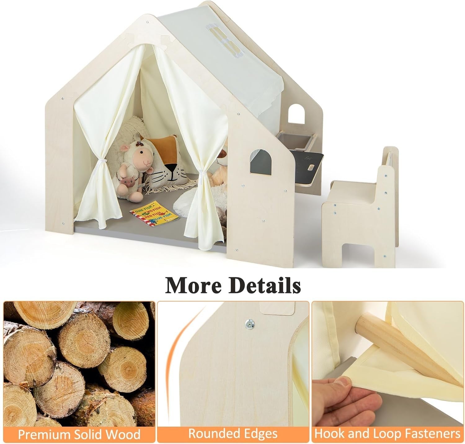 6 in 1 Wooden Kids Playhouse Tent w Desk Chair Blackboard Storage
