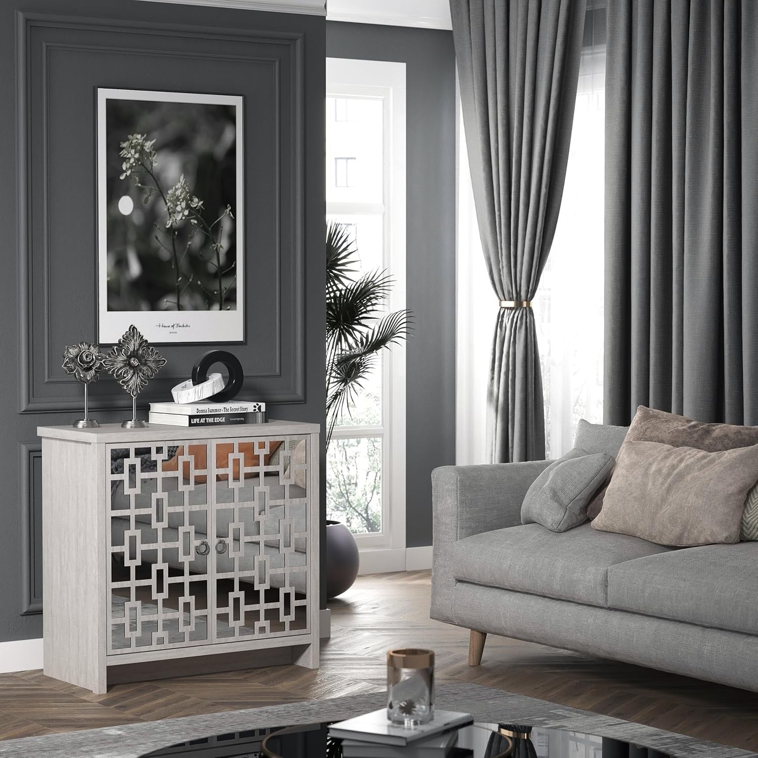 Grey Mirrored Sideboard 2 Door Cabinet Modern Storage Unit Hallway
