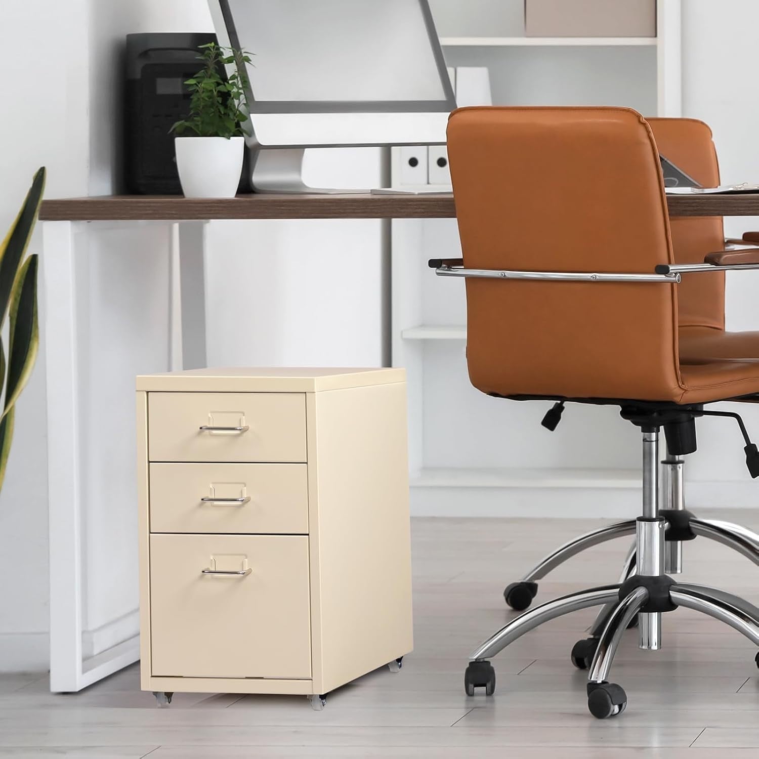 Cream Metal Rolling Drawer Cabinet 3 Tier Under Desk File Storage