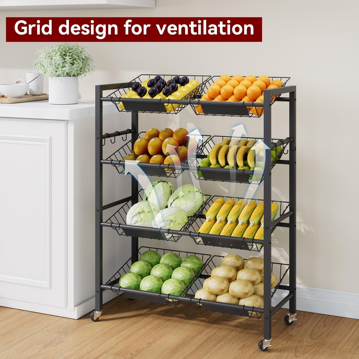4 Tier Rolling Kitchen Storage Cart 8 Basket Fruit Vegetable Trolley