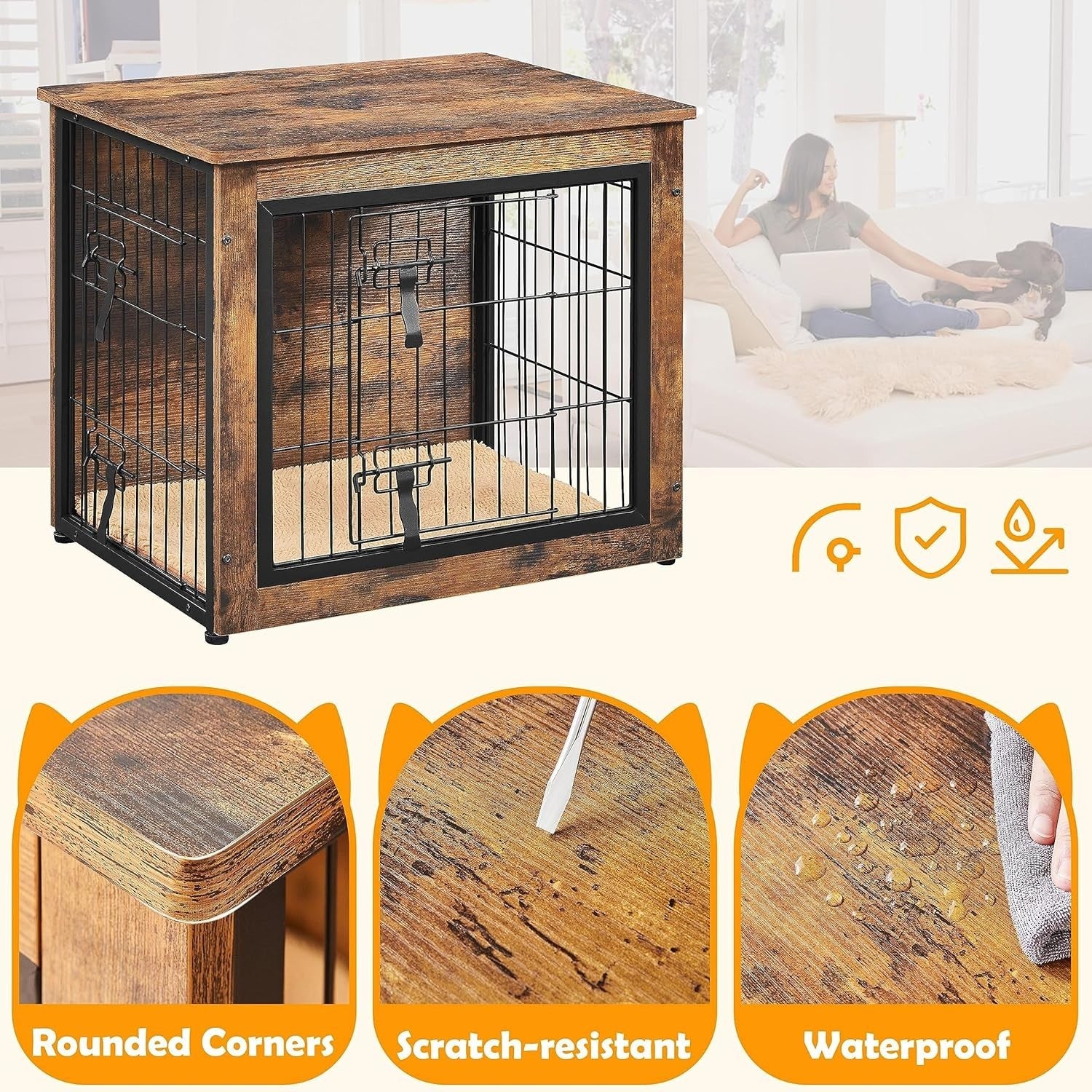 Rustic Brown Small Dog Crate Furniture with Cushion & Double Doors 69x51x61cm