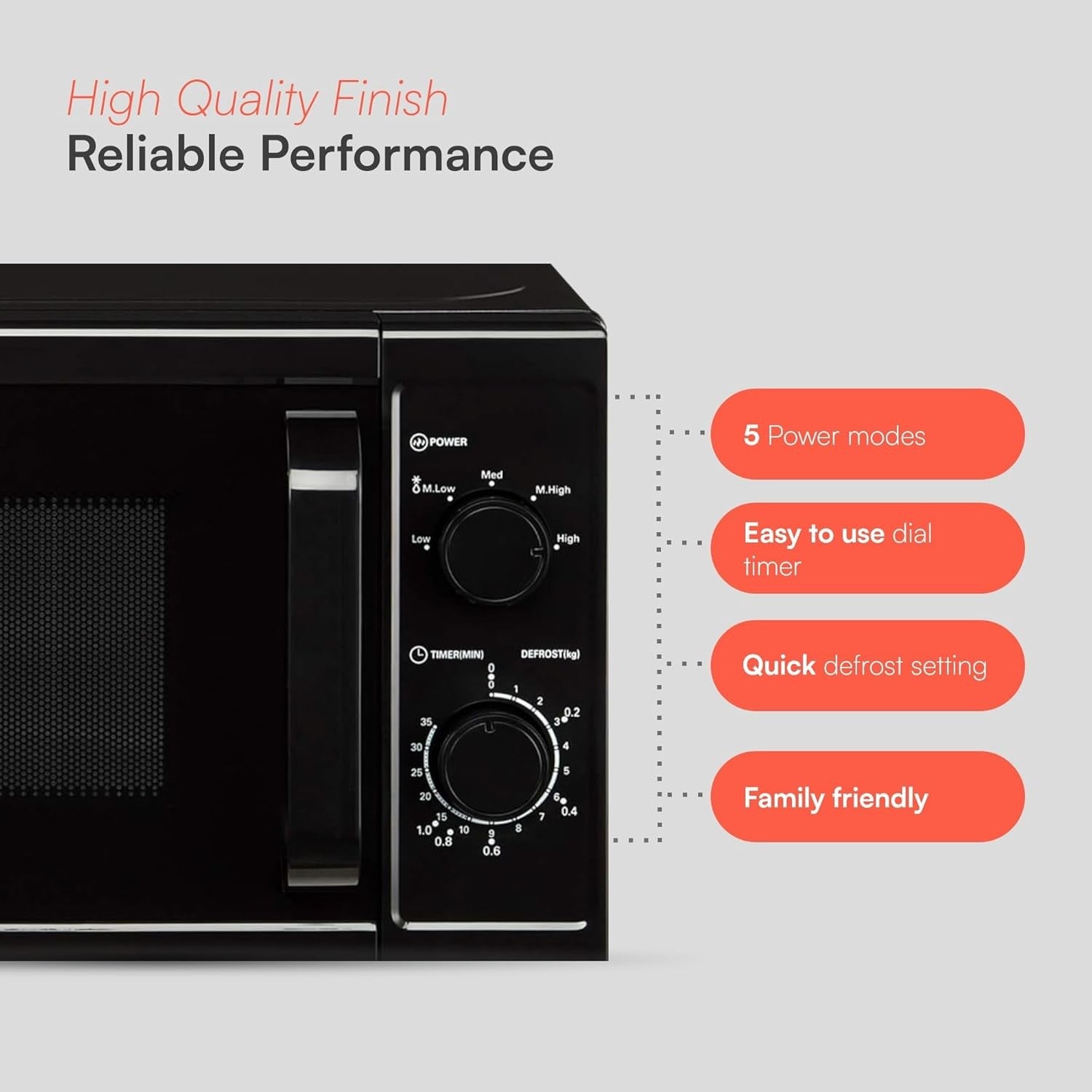 20L Freestanding Microwave 800W 5 Power Levels Quick Defrost Black