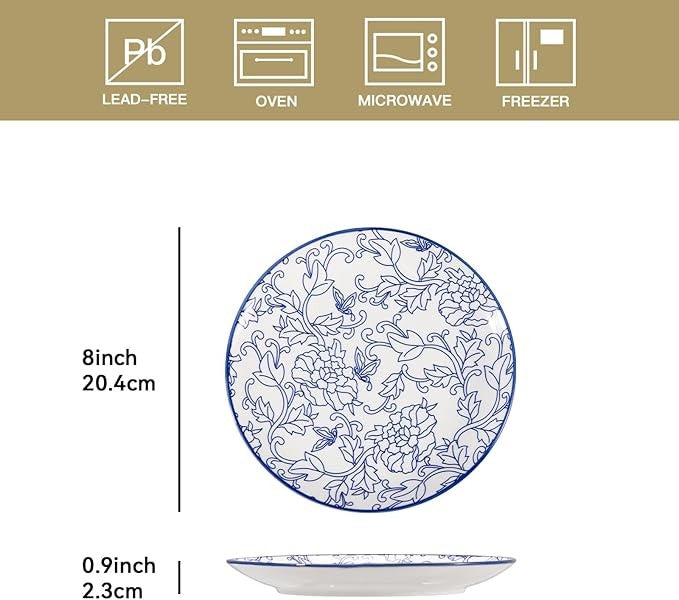 6pc Blue Pattern Porcelain Plates Set 8 Inch Dessert Salad Microwave Safe