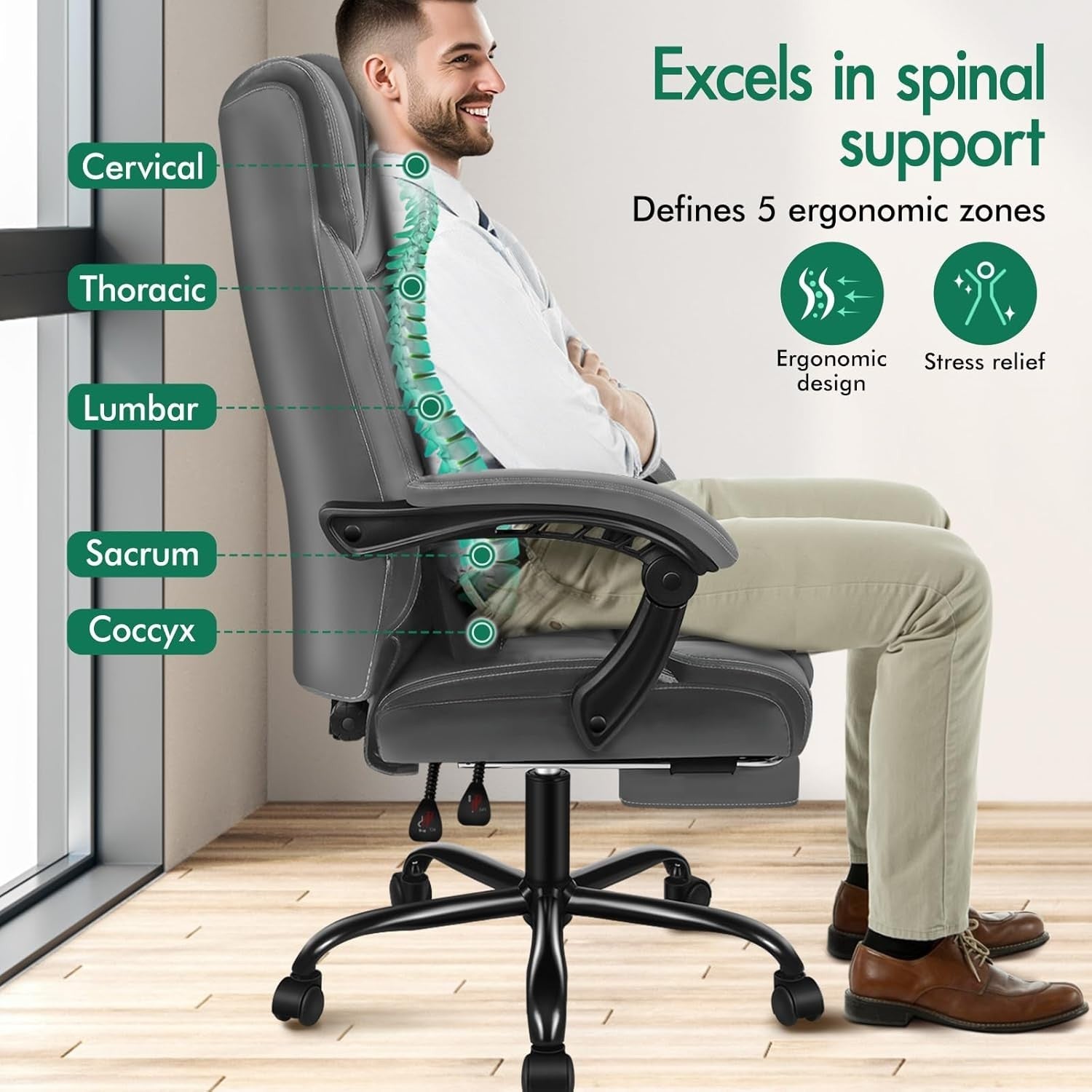 Executive Ergonomic Office Chair Reclining Boss Desk Seat PU Leather Footrest 18