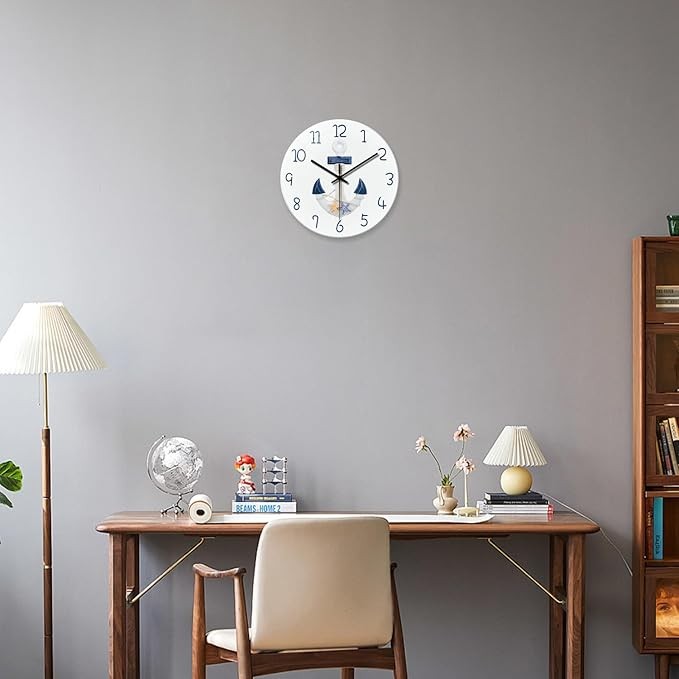 Nautical 12 White Wall Clock Coastal Anchor Design Silent Non Ticking Home Decor