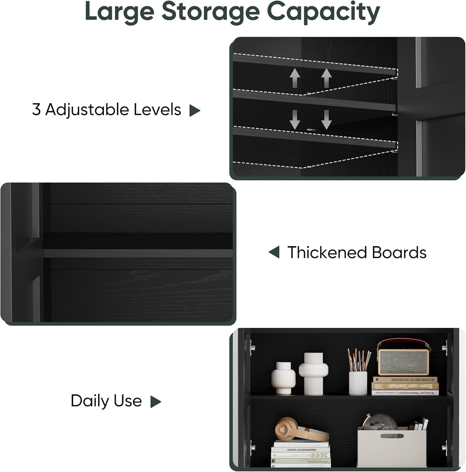 Black Sideboard Cabinet with Floral Carved Doors, Shelves, 80cm Wide