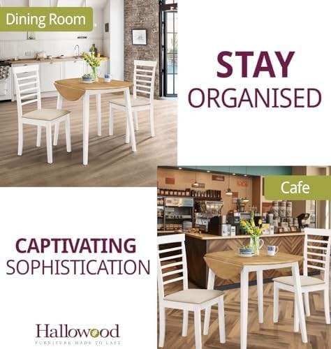 Small White Folding Dining Table Set Round Drop Leaf Table with 2 Chairs