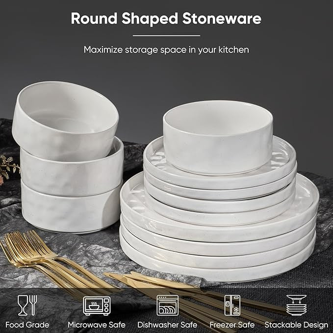 12pc White Stoneware Dinner Set Plates Bowls Reactive Glaze Service for 4