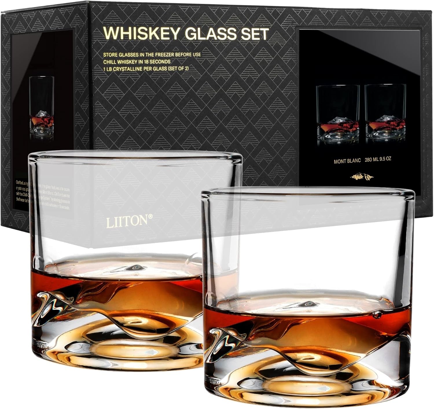 Mont Blanc Mountain Whiskey Glasses Set of 2 – 280ml Freeze-Chill Crystal Tumble