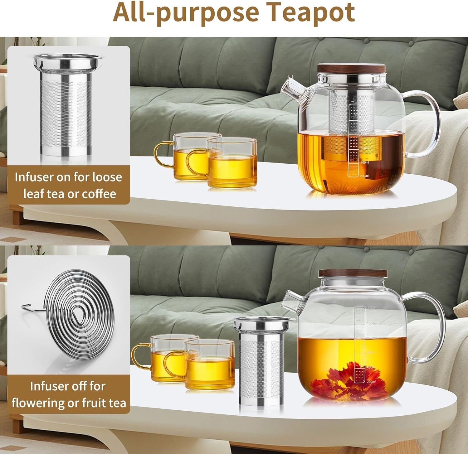 40oz Glass Teapot with Infuser Heat Resistant Borosilicate Tea Pot Lid