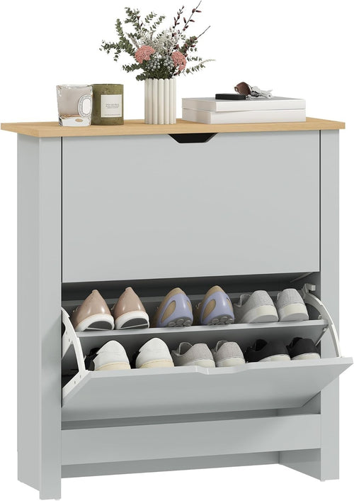Slim Light Grey Shoe Cabinet 2 Flip Drawers Narrow Storage Unit Modern