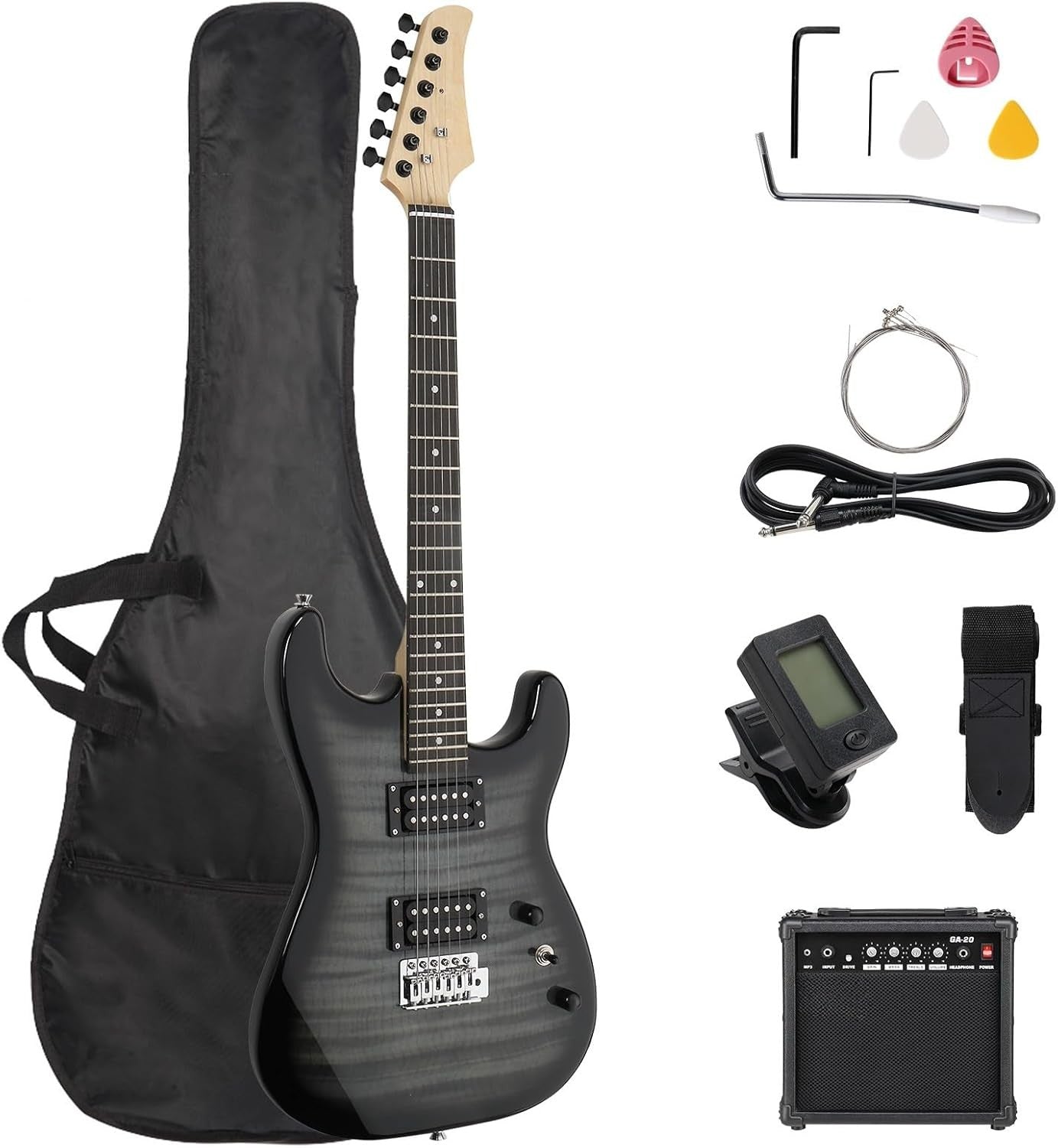 39” Electric Guitar Starter Kit H-H Pickups 20W Amp Black