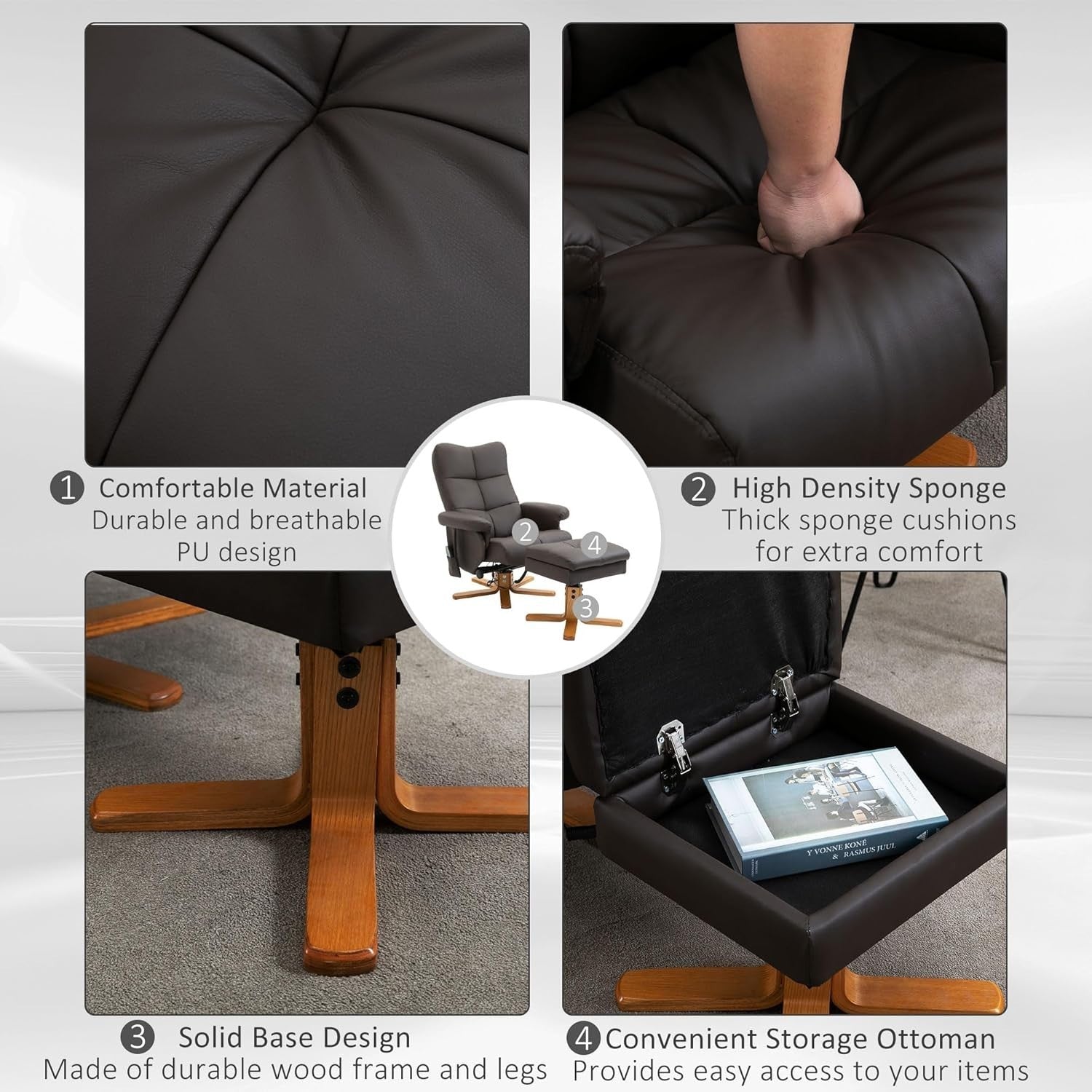 Massage Recliner Chair w/ Footstool Heat 145° Tilt Swivel Faux Leather Brown