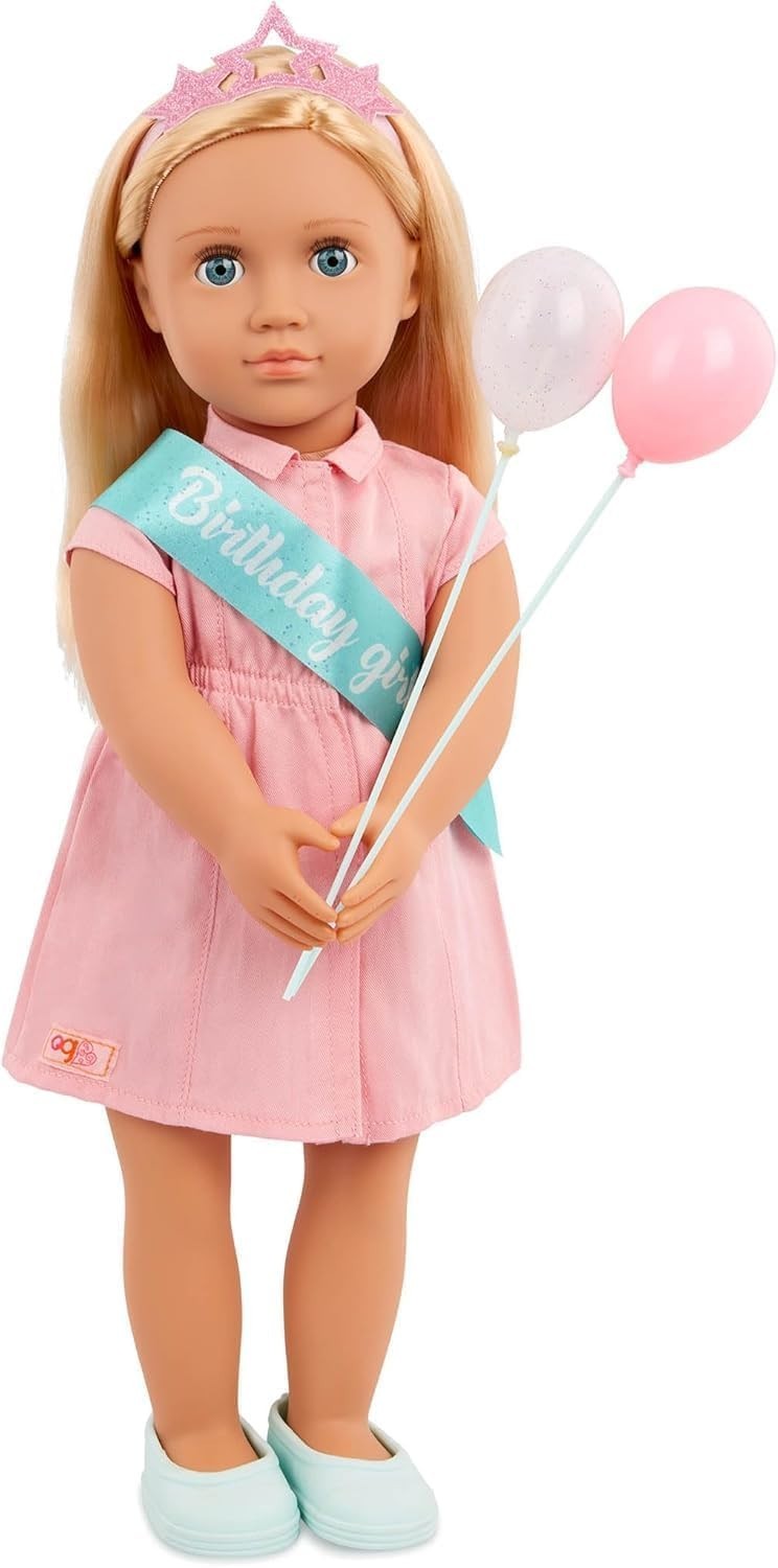 18in Birthday Doll Blue Eyes Blonde Hair Party Dress Balloons Gift