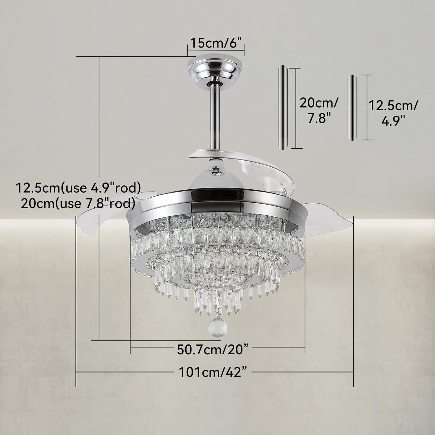 42" Crystal Ceiling Fan with Light Dimmable Remote Black