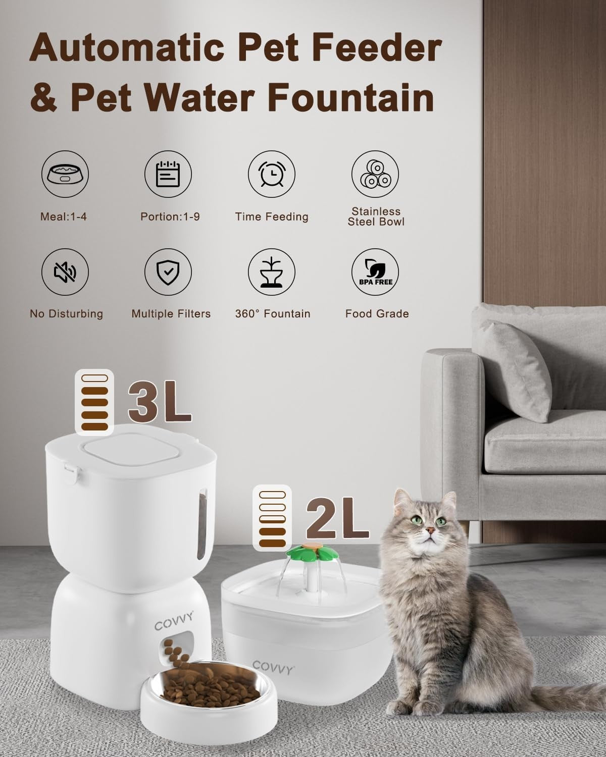 Automatic Pet Feeder & Water Fountain 3L Food 2L Water LCD Timer