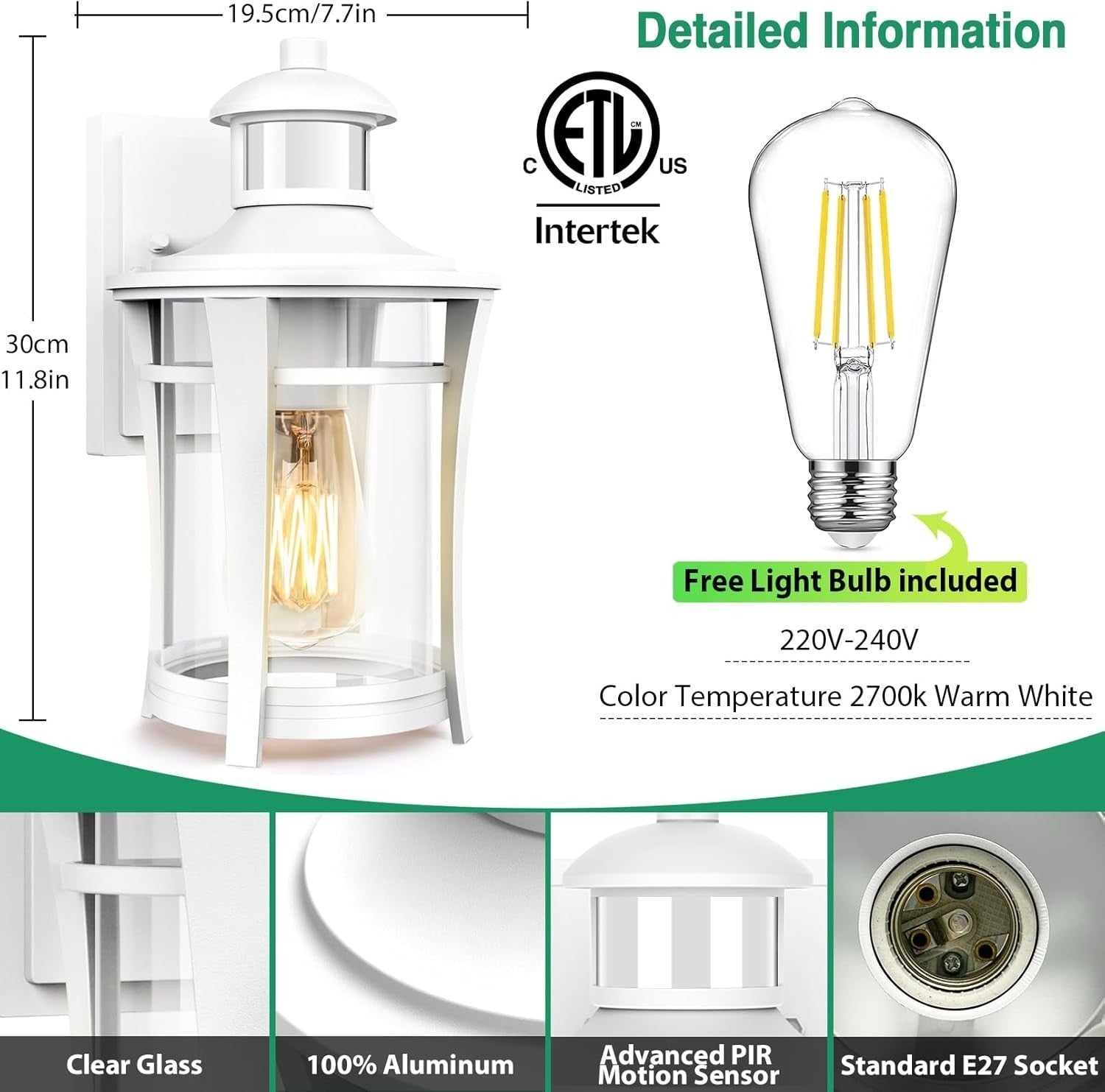 Outdoor Wall Light White Motion Sensor Waterproof LED