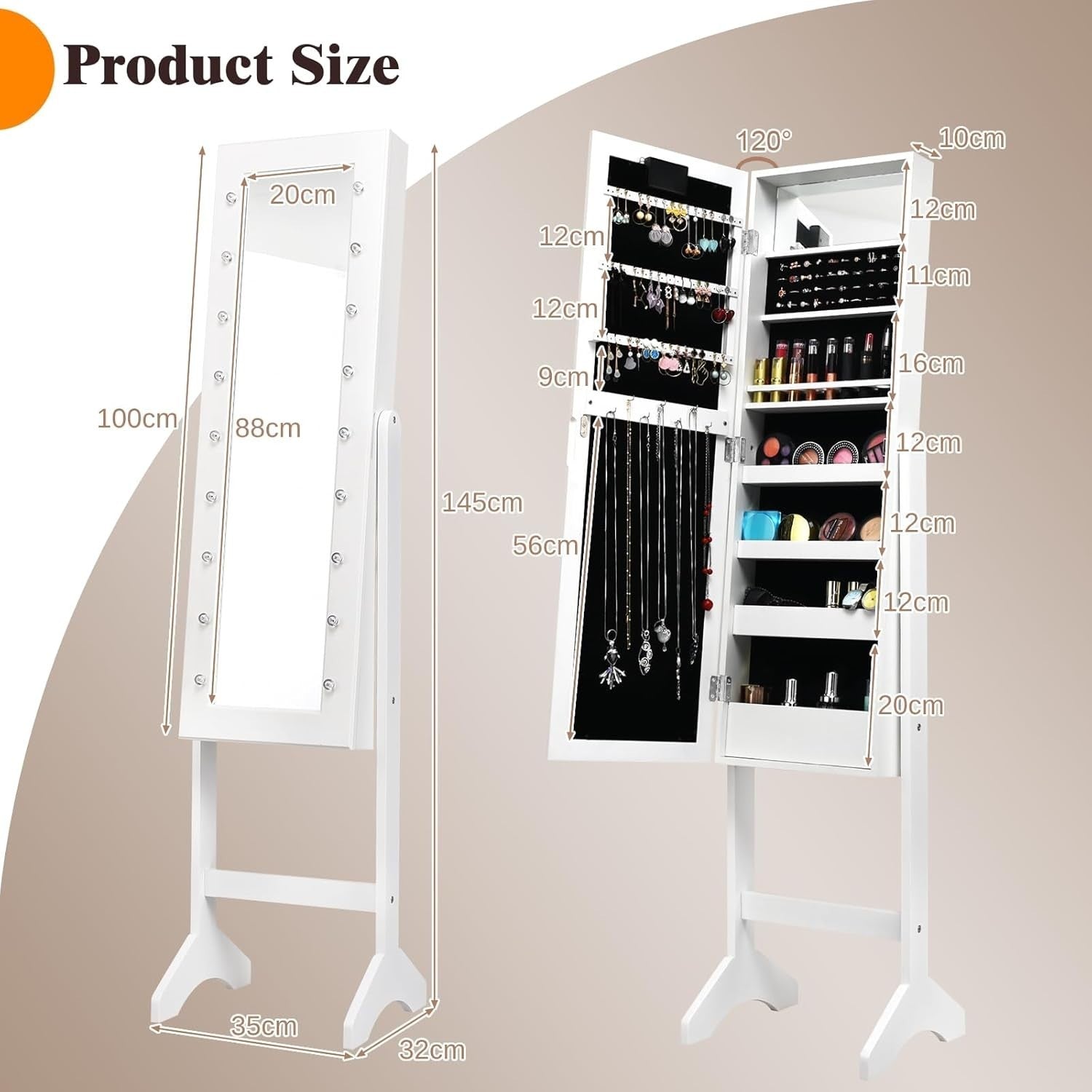 LED Full Length Mirror Jewelry Armoire Adjustable Standing Storage White