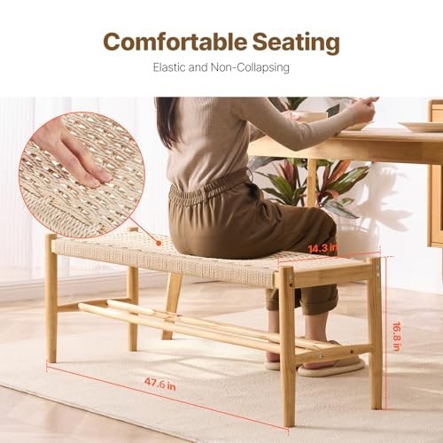 Natural Rattan Wooden Bench with Oak Legs, Handwoven Seat & Shoe Storage