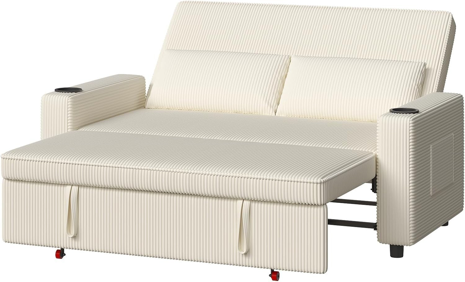 2 Seater Pull Out Sofa Bed with Storage Beige Sleeper Couch for Small Rooms