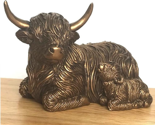 Bronzed Highland Cow & Calf Ornament | Rustic Farmhouse Resin Figurine Decor