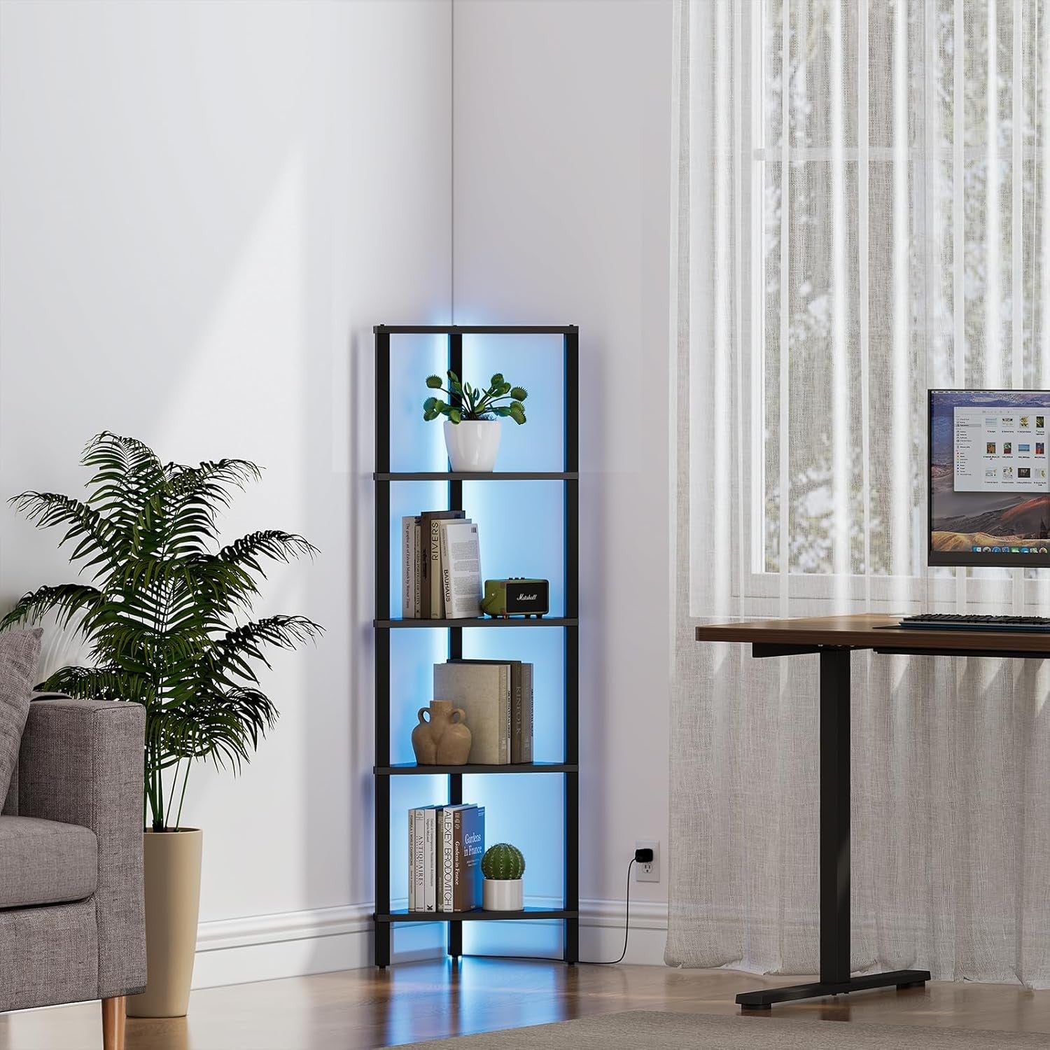 LED Corner Bookshelf 5-Tier Slim Display Unit for Small Spaces Modern Storage